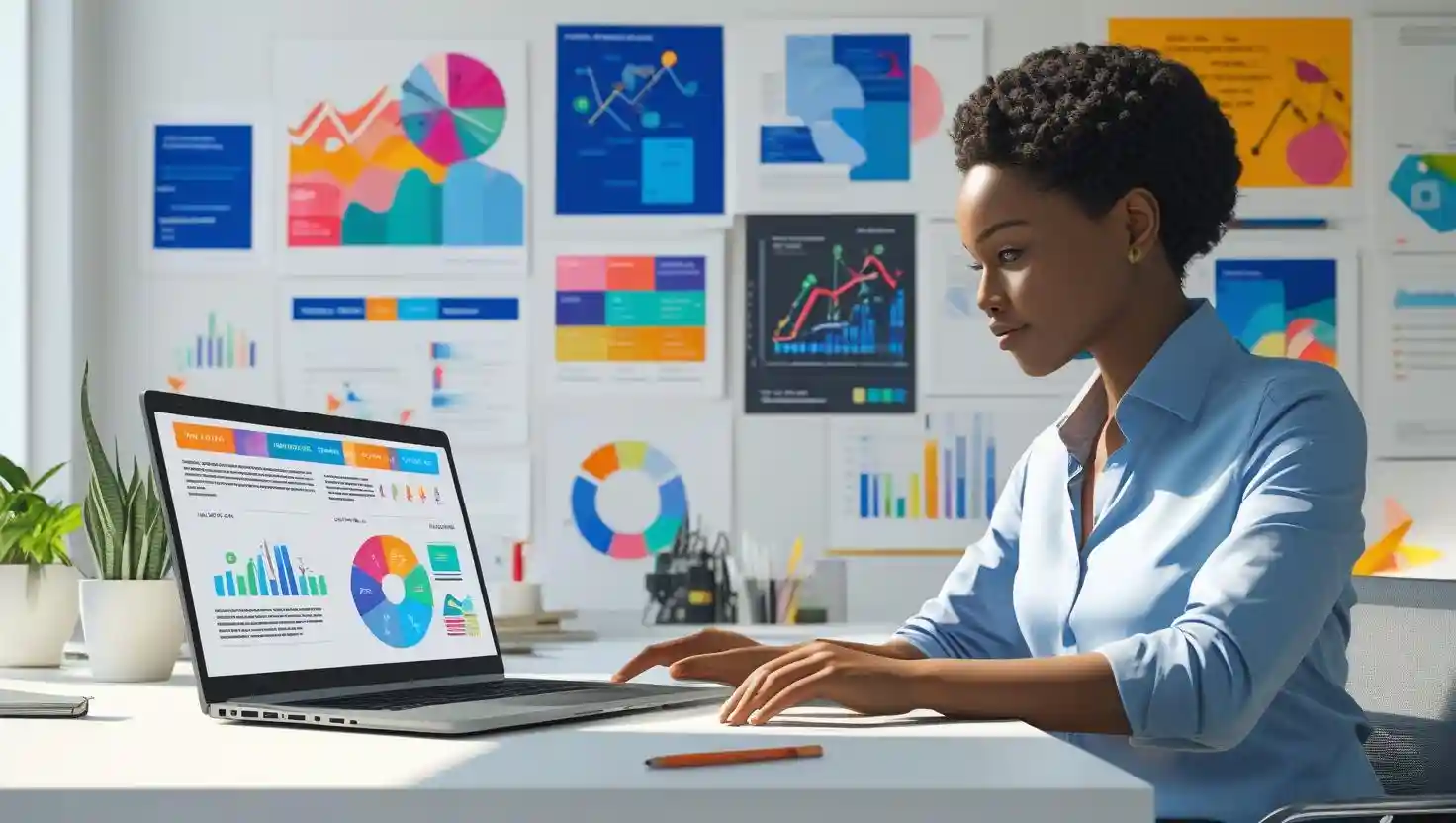 Empreendedora em um ambiente moderno criando conteúdo para blog sobre site por assinatura