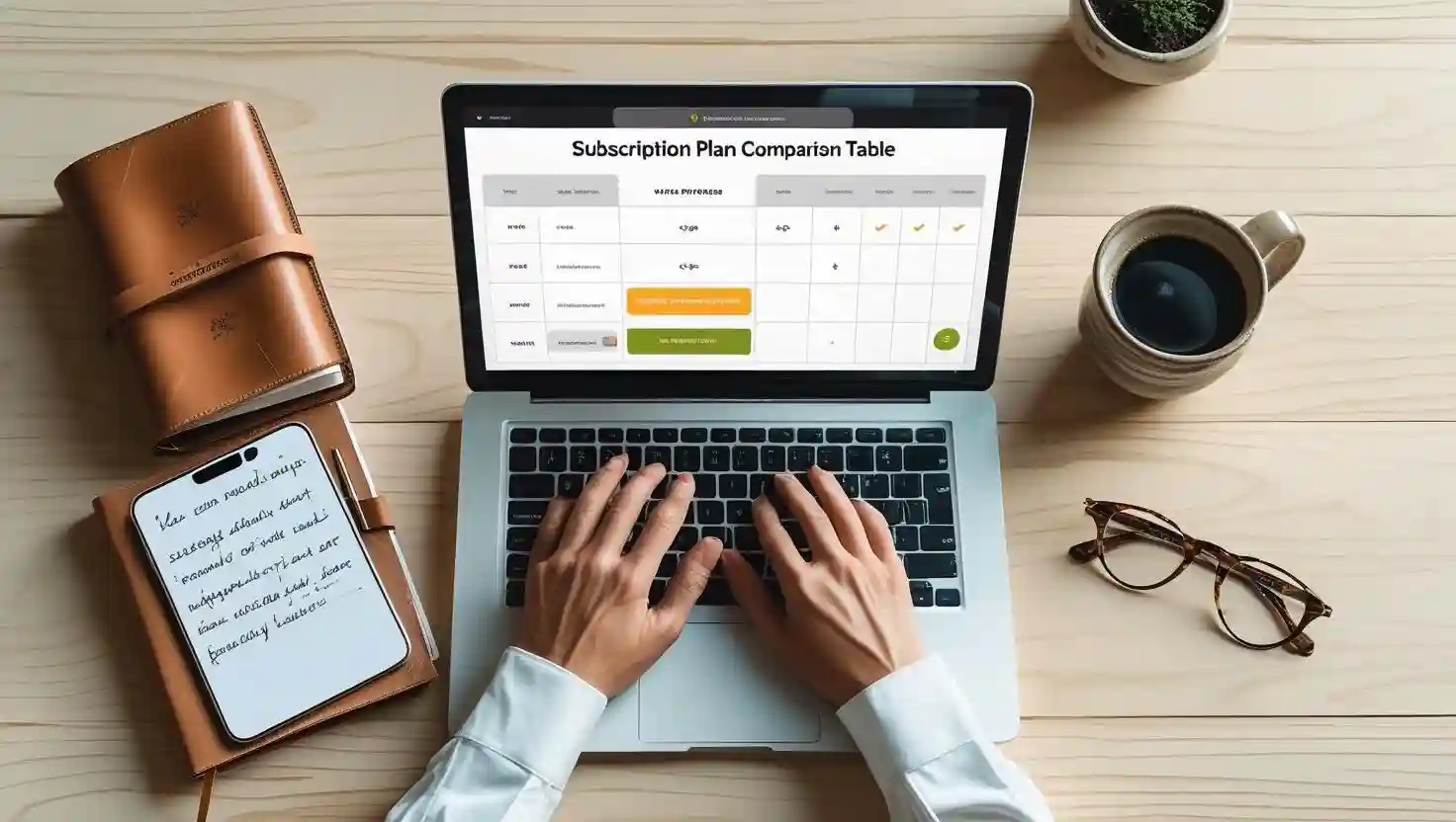Notebook aberto exibindo planos de site por assinatura da Interativa SiteCrafters
